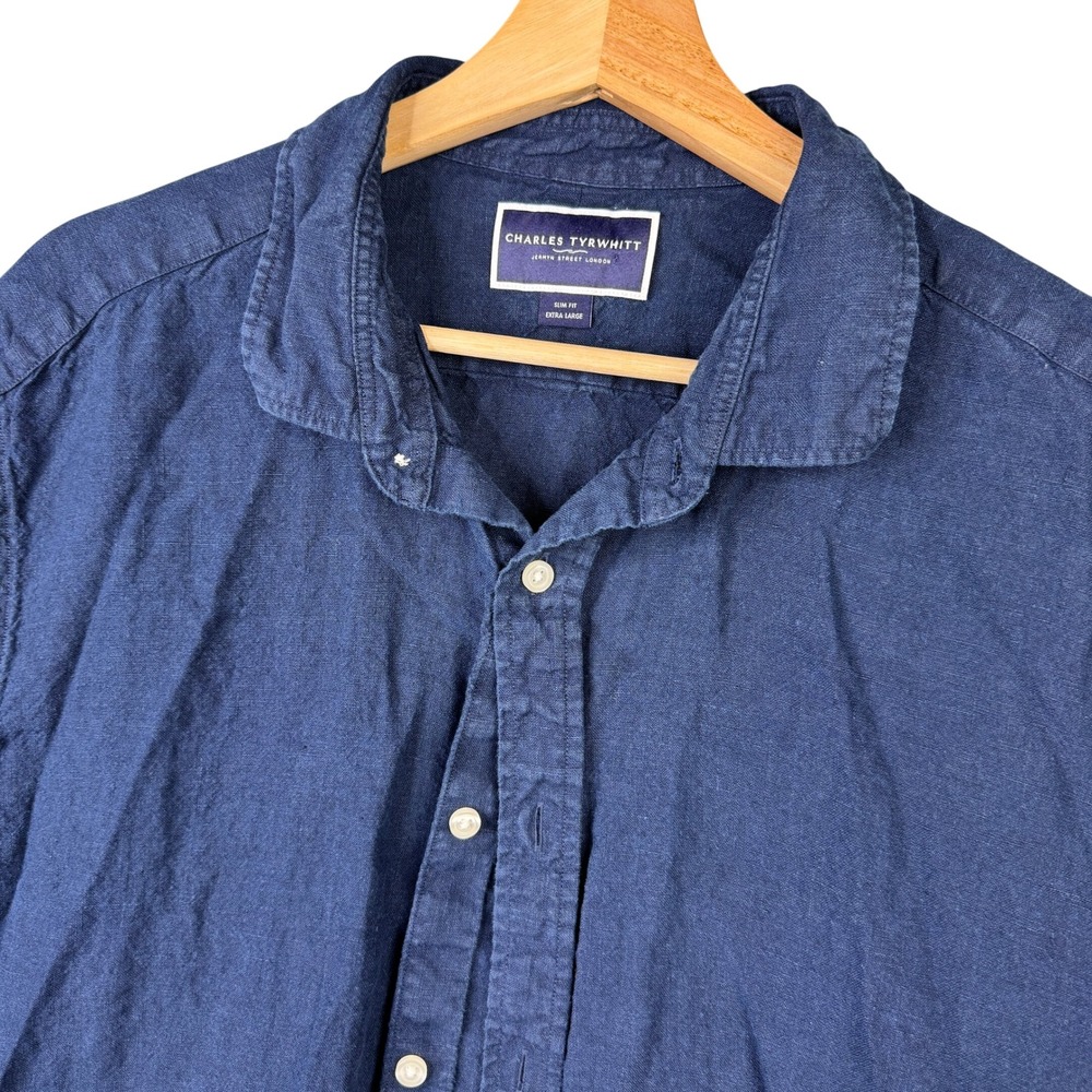 Charles Tyrwhitt Navy Blue 100% Linen Short Sleeve Slim Fit Shirt XL